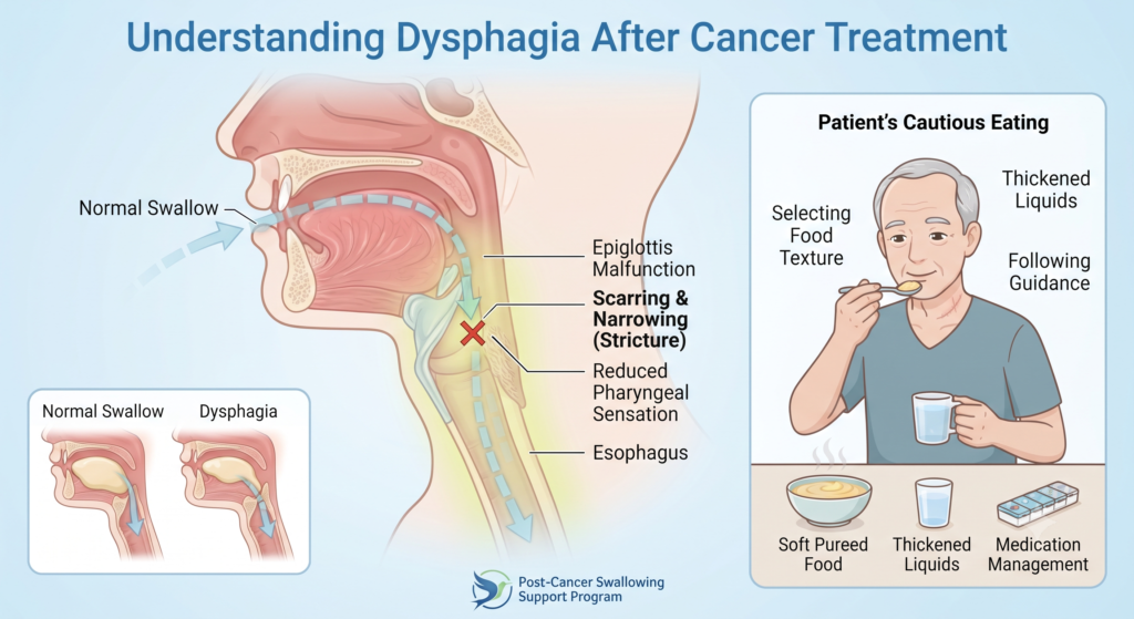 Illustration explaining dysphagia (swallowing difficulty) after cancer treatment