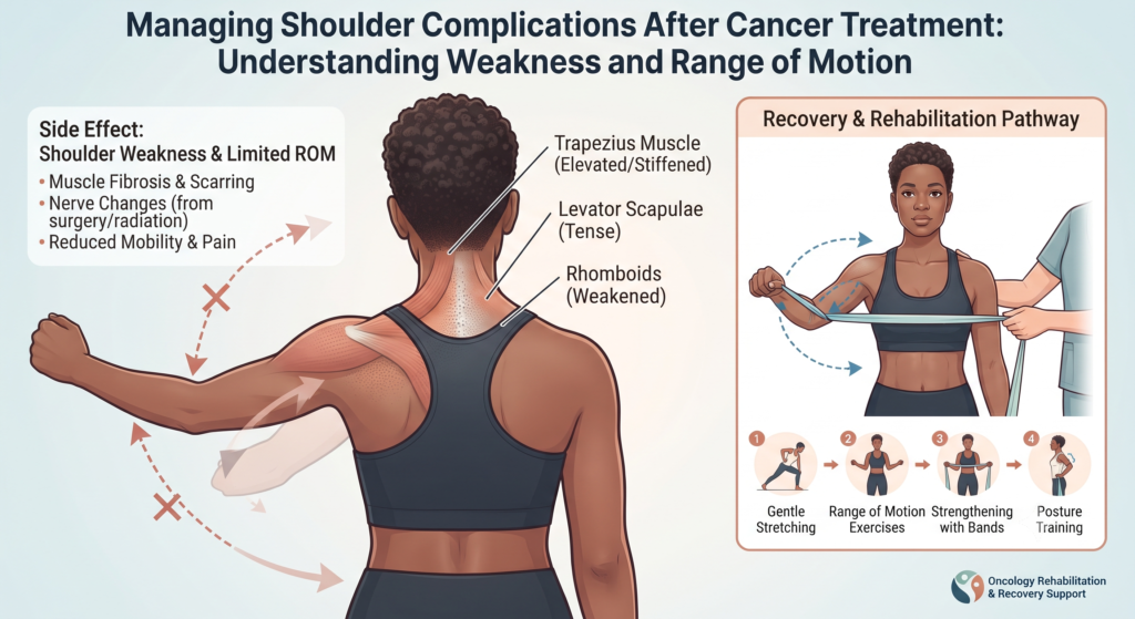 Diagram showing shoulder weakness and reduced range of motion after neck dissection surgery