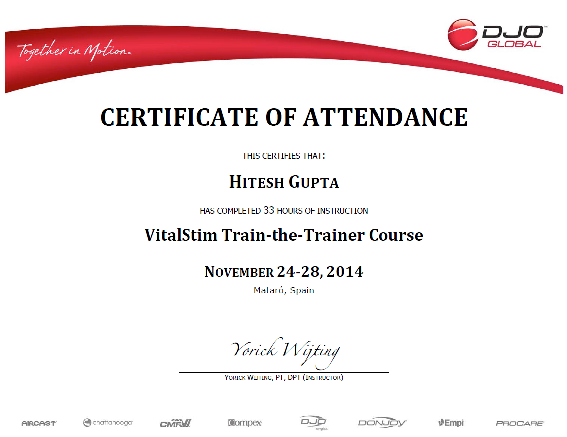 VitalStim Train-the-Trainer Course Certificate of Attendance, 2014