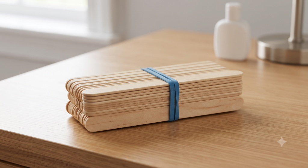 Stacked tongue depressors bundled with a rubber band for the jaw-stretch technique