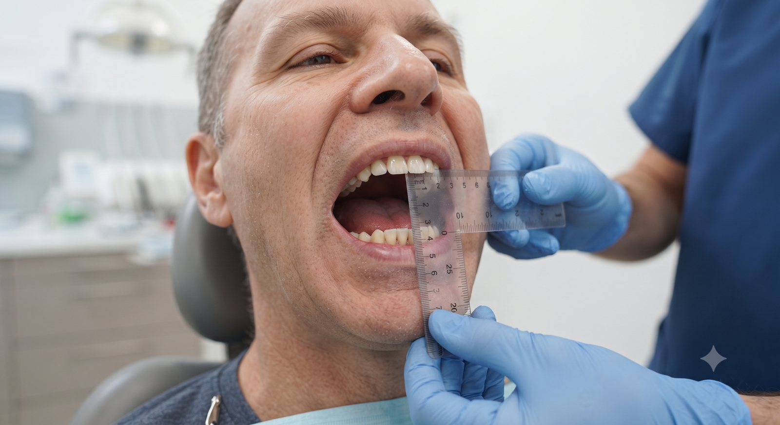 Clinician measuring a patient's mouth opening with a ruler to assess trismus after radiotherapy
